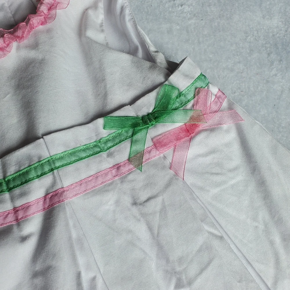 White Girls' Dress with Pink Trim and Green Bow First Impressions Size 24 Months